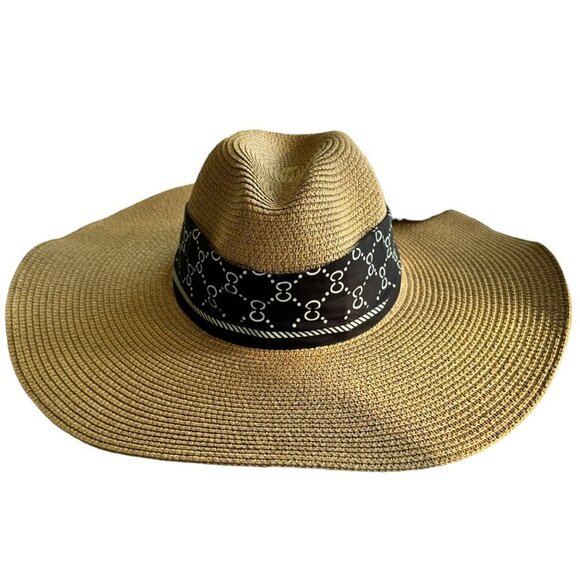 Odiva Summer Hat Khaki Stripe Pattern Band Straw Sun Hat - Picture 4 of 16